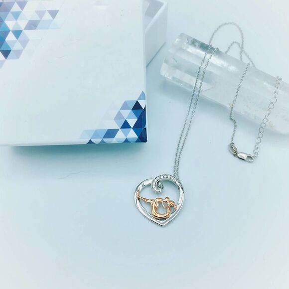 Mom And Child Sterling Silver Rose Gold CZ Necklace - Picture 2 of 5